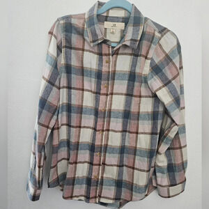 Thread & Supply plaid button down long sleeve‎ top blue, brown, pink, white